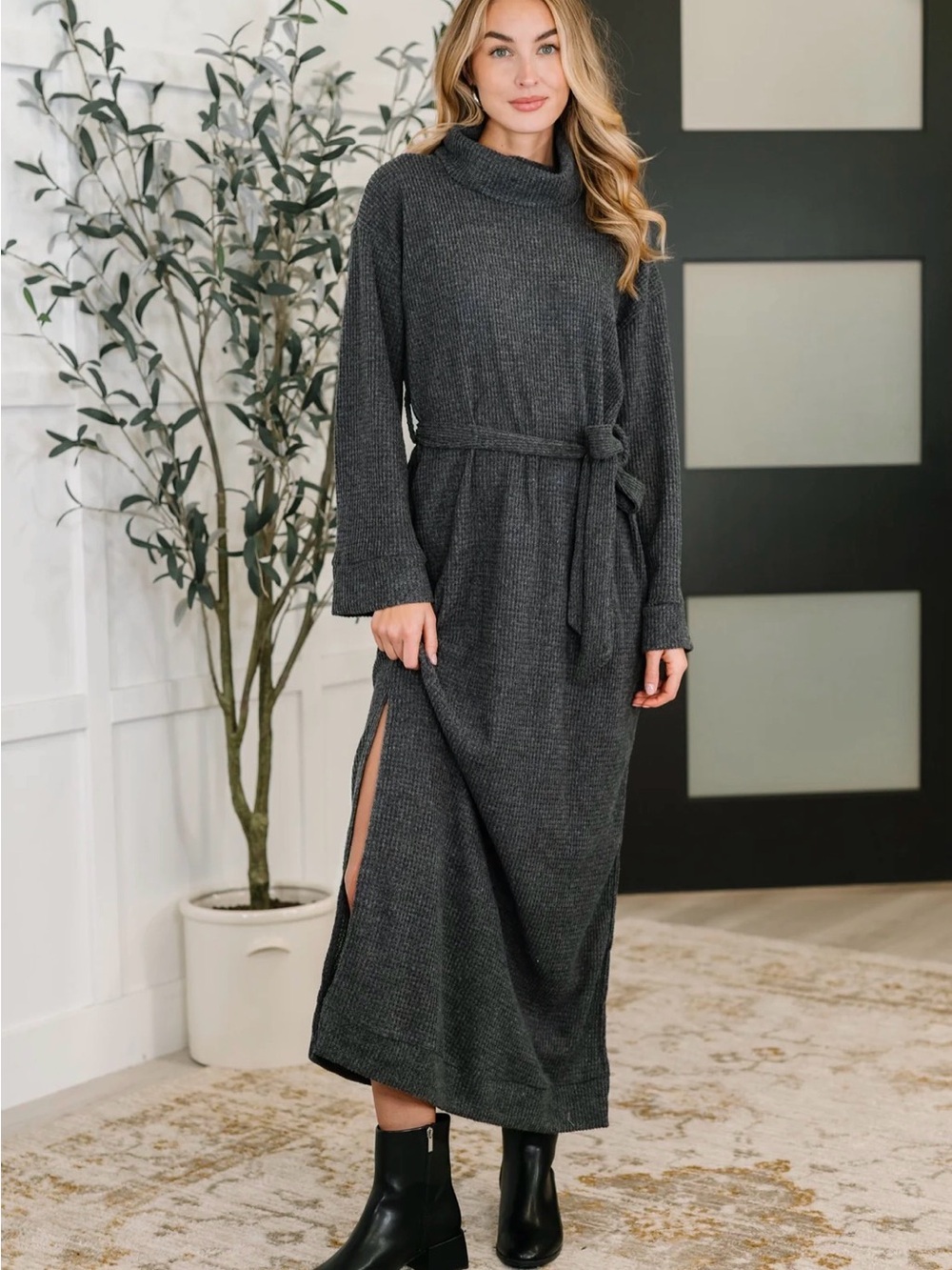 Dear Scarlett Charcoal Ribbed Maxi Dress with Waist Tie Sz S